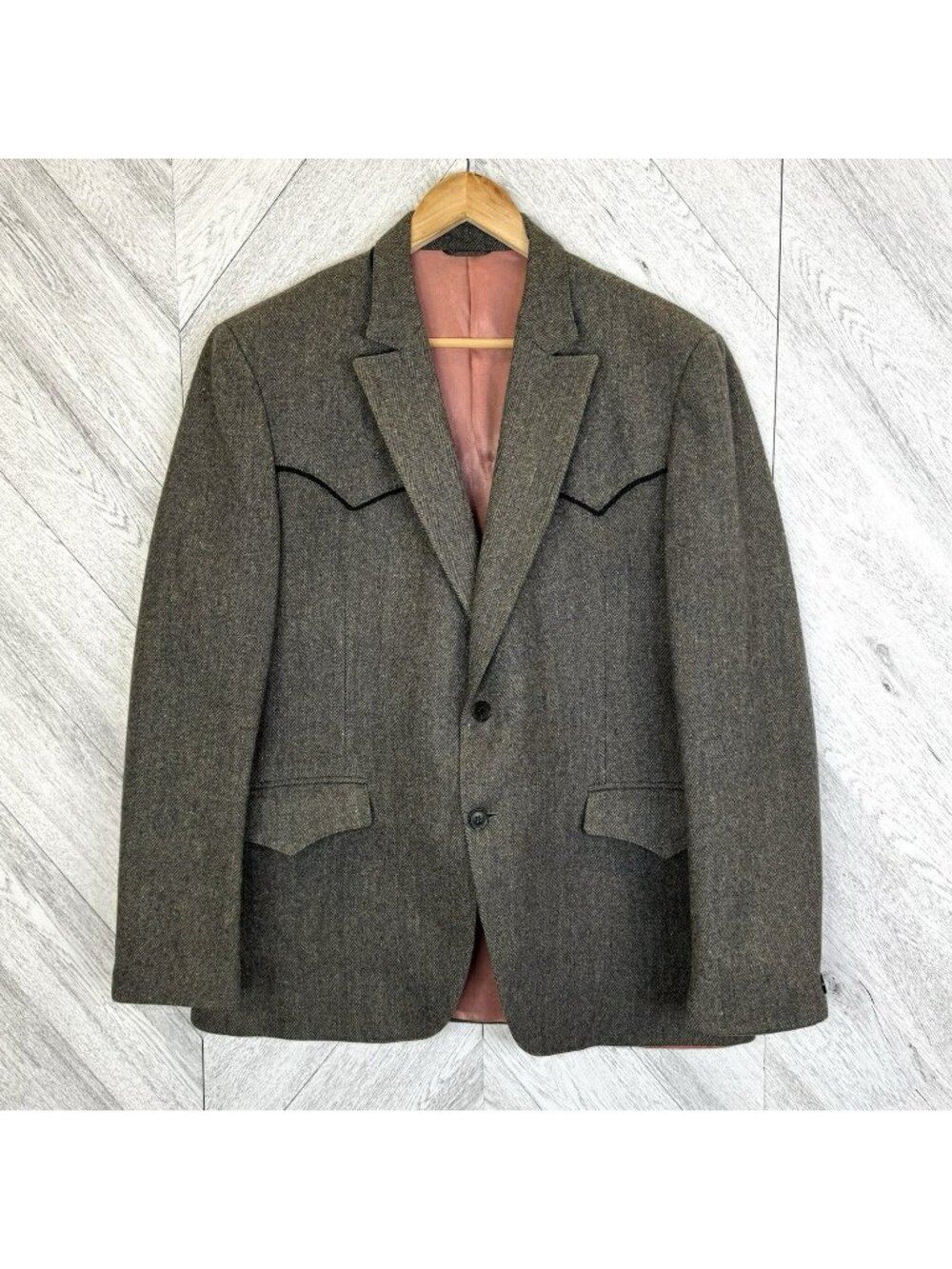 Vintage Western Blazer Jacket Mens Size 46R 100% Wool Gray Tweed Cowboy Rodeo